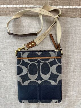 Coach Denim Crossbody with Tan Leather and Cream Strap